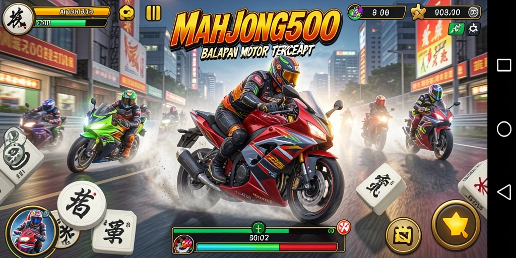 Screenshot utama MAHJONG500 menunjukkan balapan motor yang menegangkan di lintasan kota.