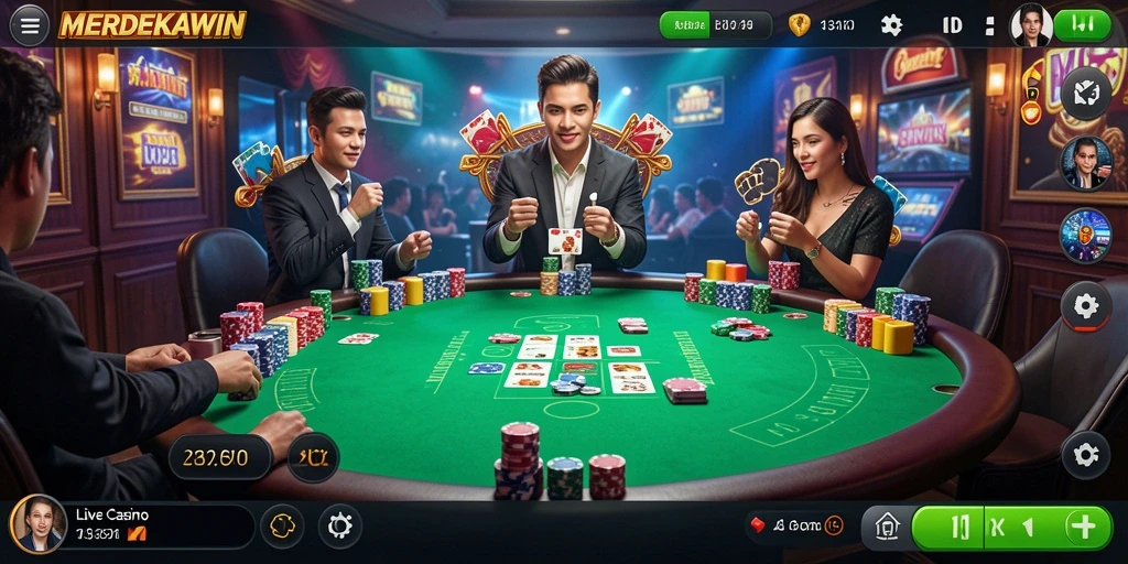 Screenshot gameplay MERDEKAWIN menampilkan dealer langsung dan suasana kasino yang nyata.