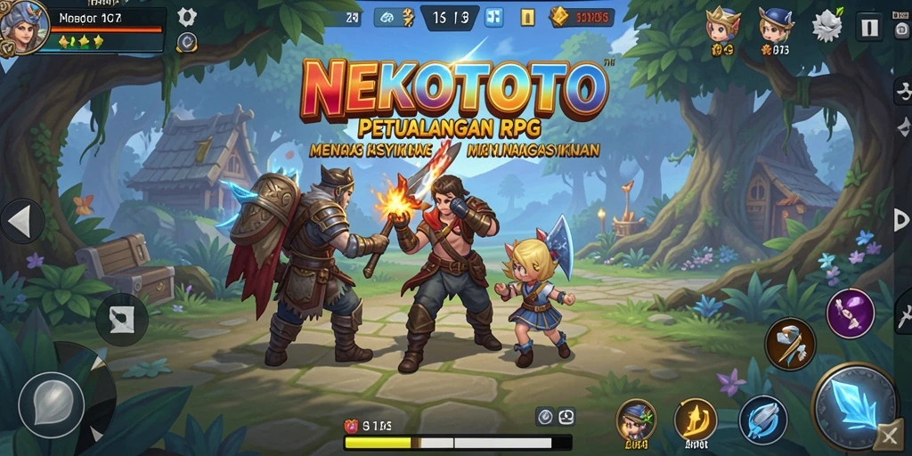 Screenshot gameplay NEKOTOTO yang menampilkan pertarungan RPG yang seru.