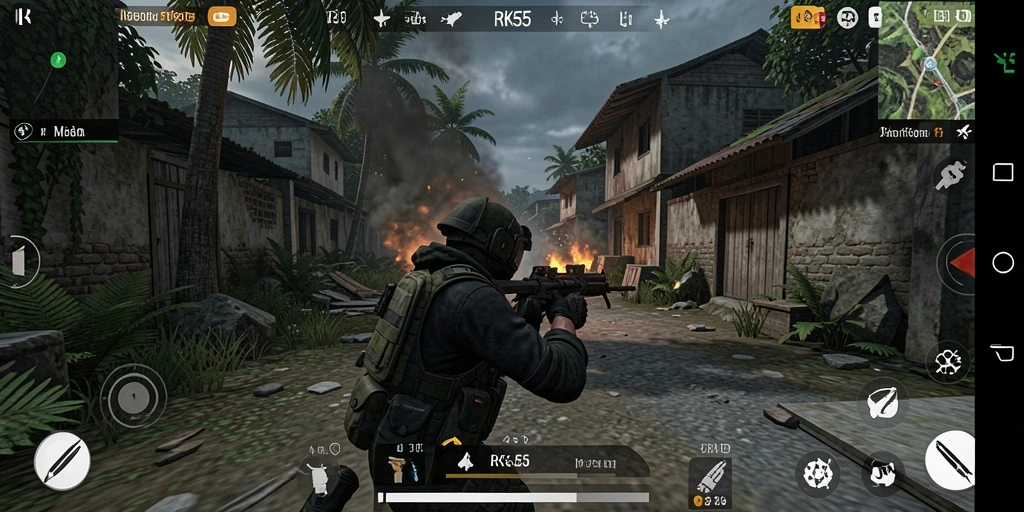 Tangkapan layar gameplay RK55 menampilkan aksi tembak-menembak yang seru.