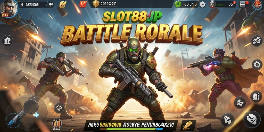 Screenshot SLOT88JP menunjukkan pertempuran intens di arena Battle Royale.